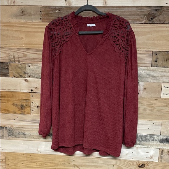 Maurices Tops - Maurices size 4X Burgundy Lace Shoulder Balloon Sleeve Soft and Stretchy Blouse